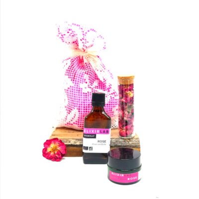 box rose avec hydrolat, baume et tube de fleur comestibles